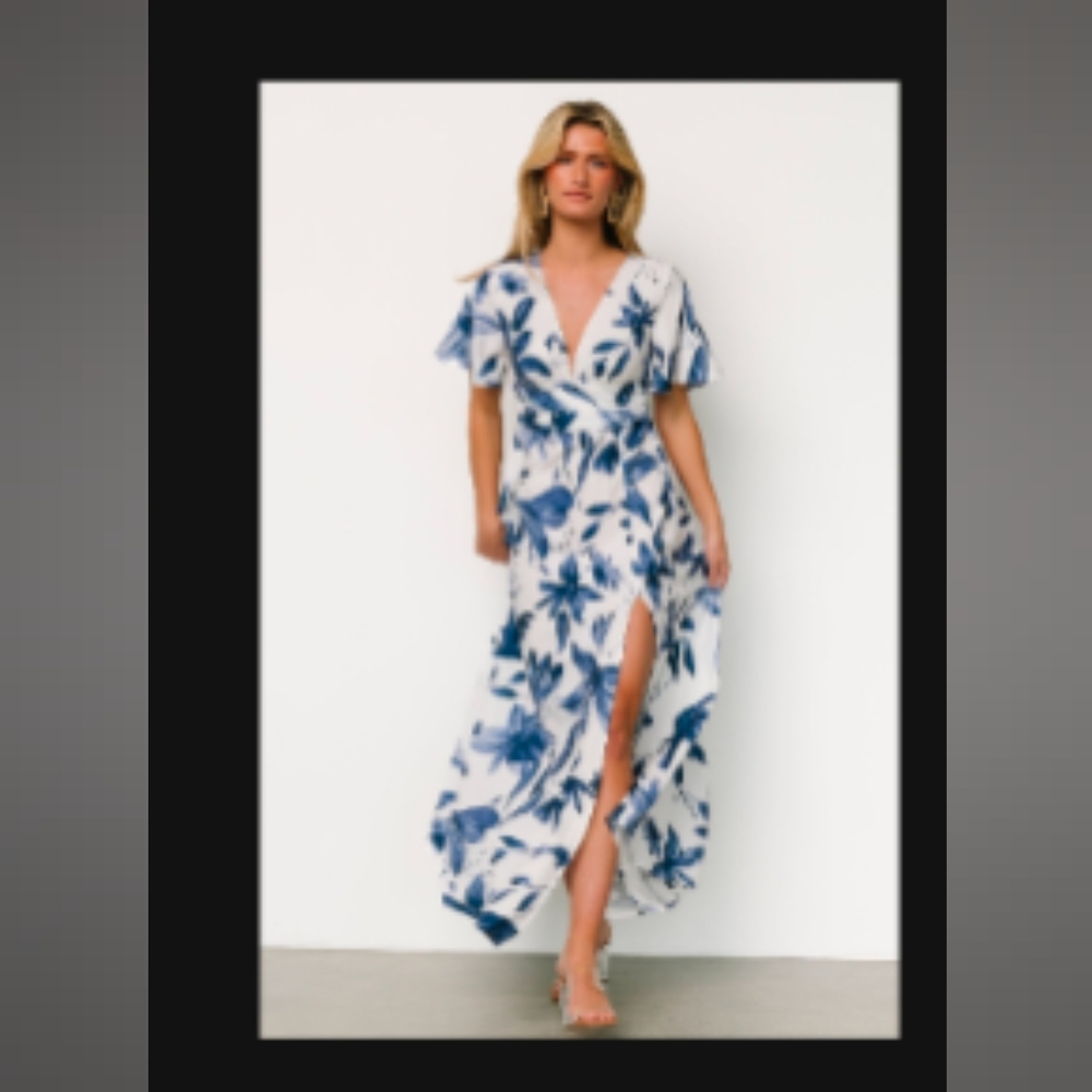 Baltic Born White Maxi Dress with Blue Botanical Print and Front Slit